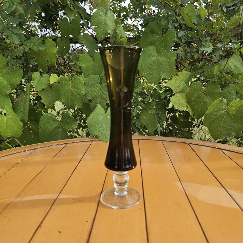 Vintage Olive Green Etched Glass Small Footed Bud Vase